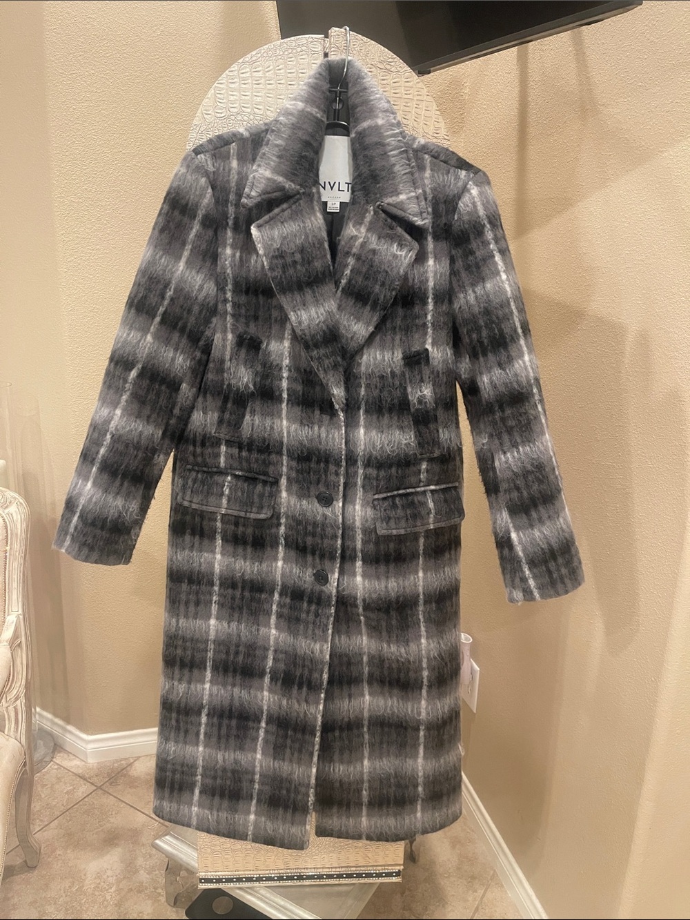 NVLT Black & Gray Plaid Long Trench Coat